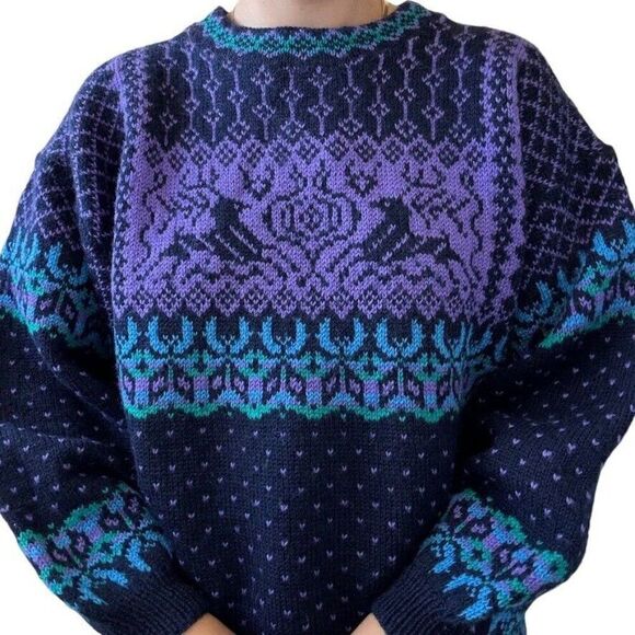 Vintage Hand Knit Reindeer Stag Navy Blue Wool Norwegian Fair Isle Sweater Sz L - Picture 3 of 8